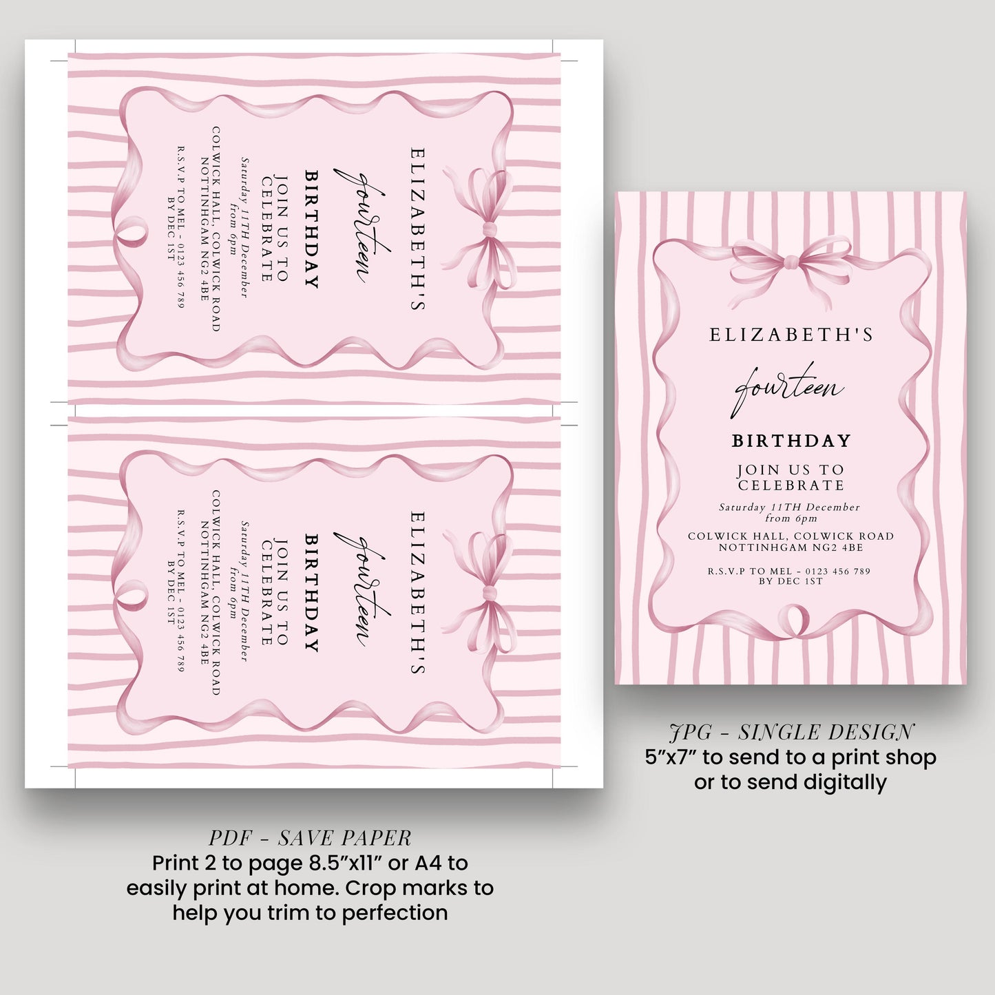 Editable 14th Birthday Invitation, Pink Bow Birthday Invite, Elegant Fourteen Party Invitation, Editable Birthday Invite, Corjl