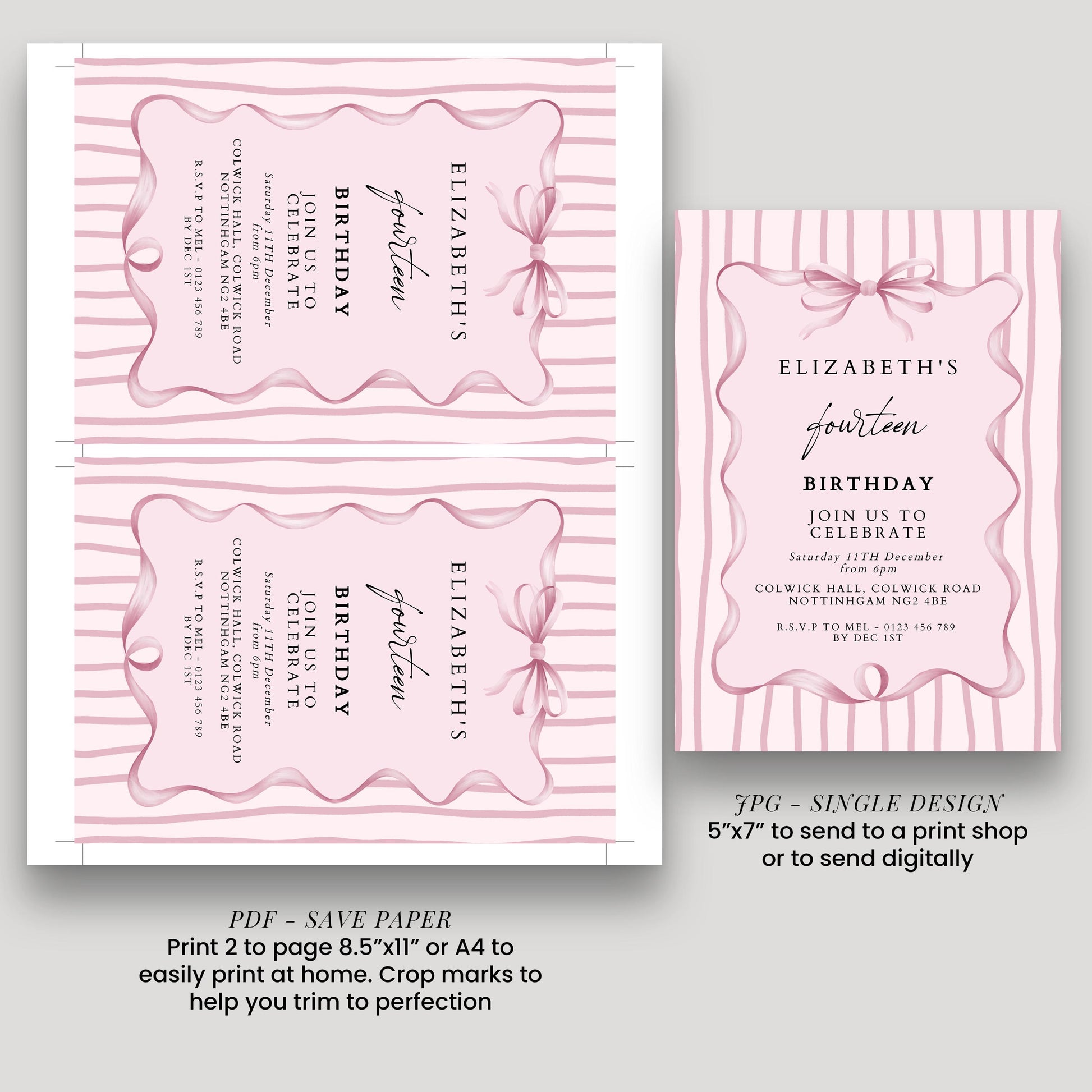 Editable 14th Birthday Invitation, Pink Bow Birthday Invite, Elegant Fourteen Party Invitation, Editable Birthday Invite, Corjl