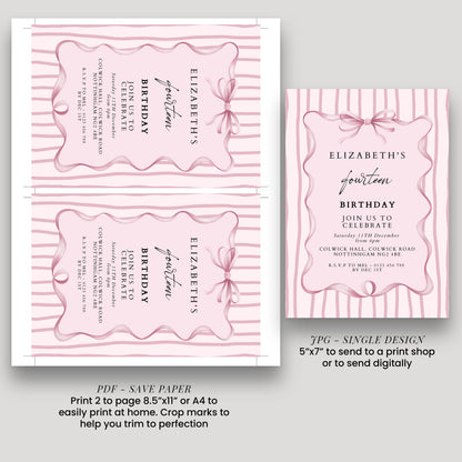 Editable 14th Birthday Invitation, Pink Bow Birthday Invite, Elegant Fourteen Party Invitation, Editable Birthday Invite, Corjl