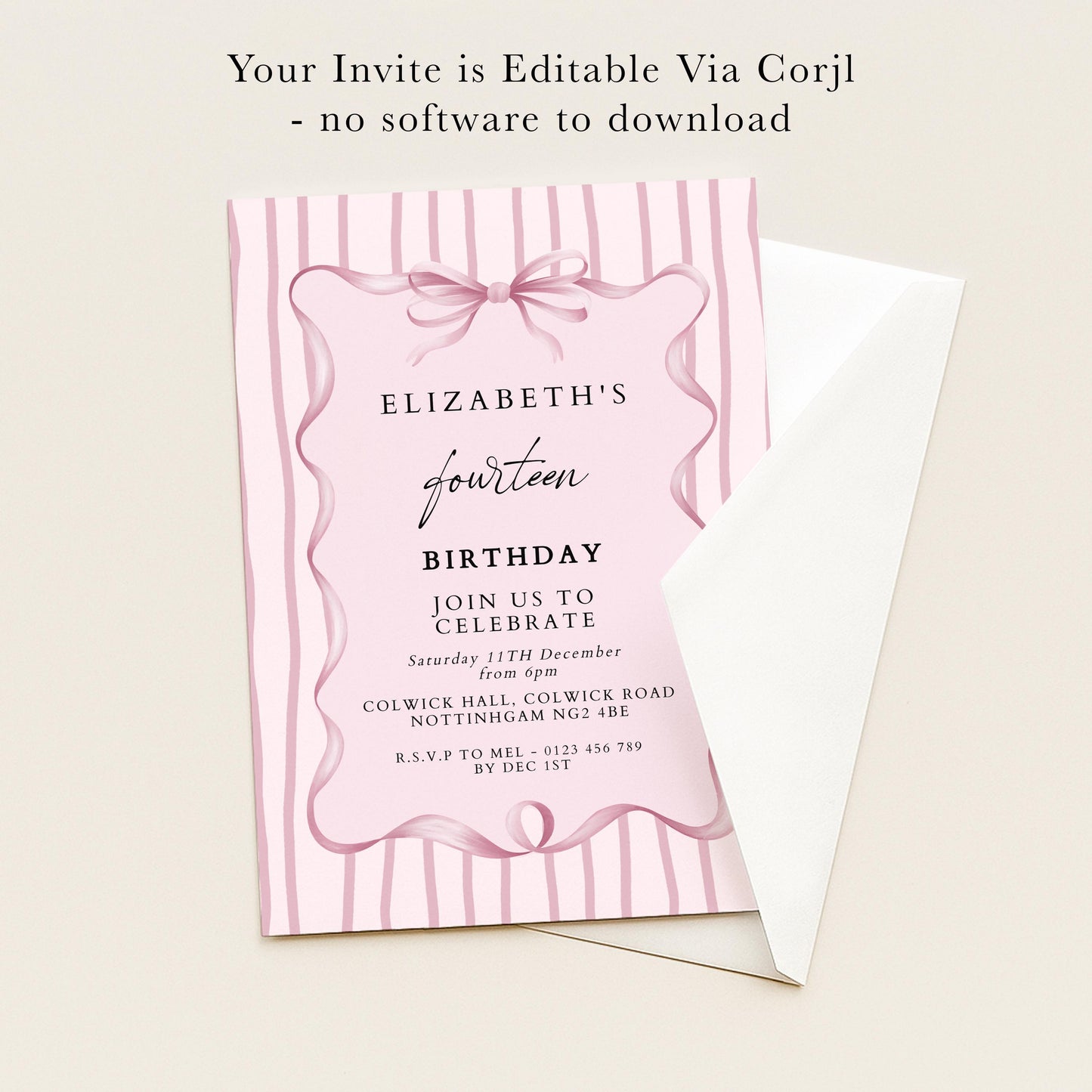 Editable 14th Birthday Invitation, Pink Bow Birthday Invite, Elegant Fourteen Party Invitation, Editable Birthday Invite, Corjl