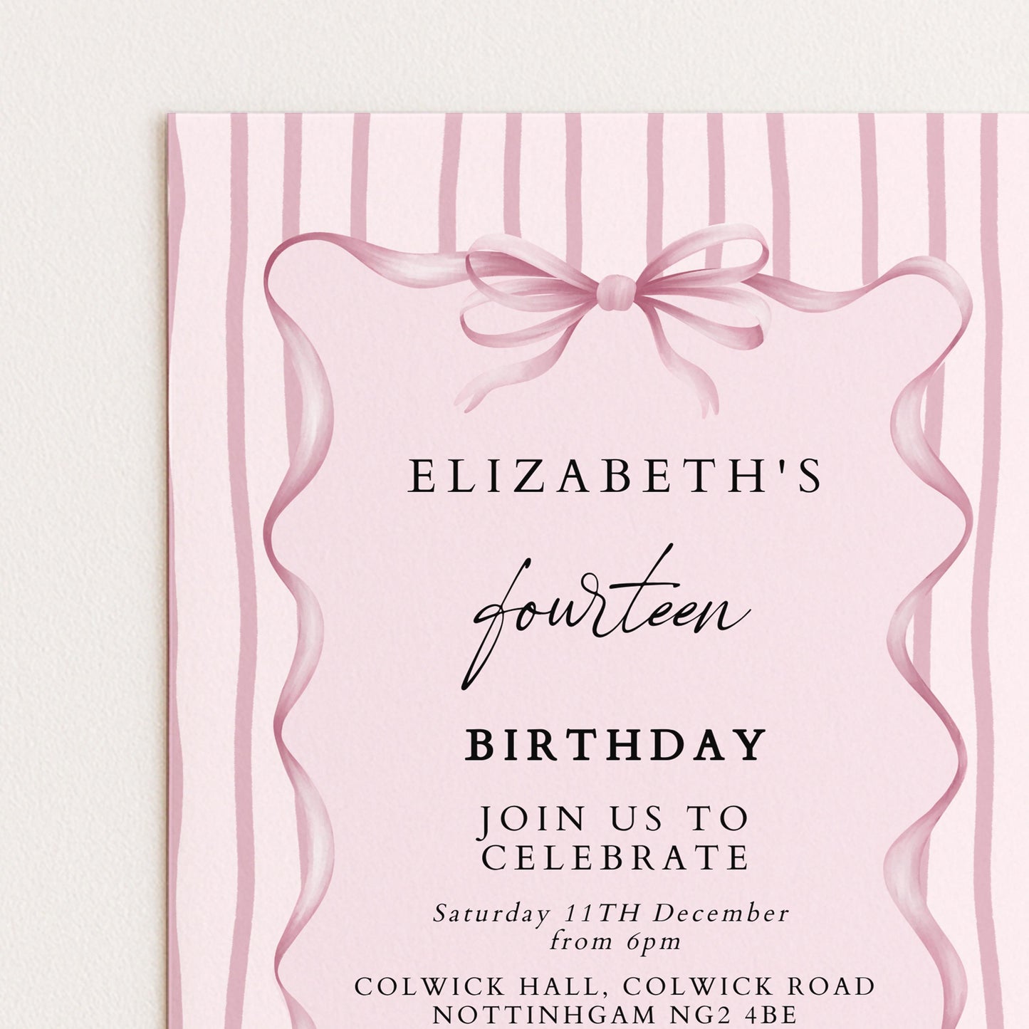 Editable 14th Birthday Invitation, Pink Bow Birthday Invite, Elegant Fourteen Party Invitation, Editable Birthday Invite, Corjl