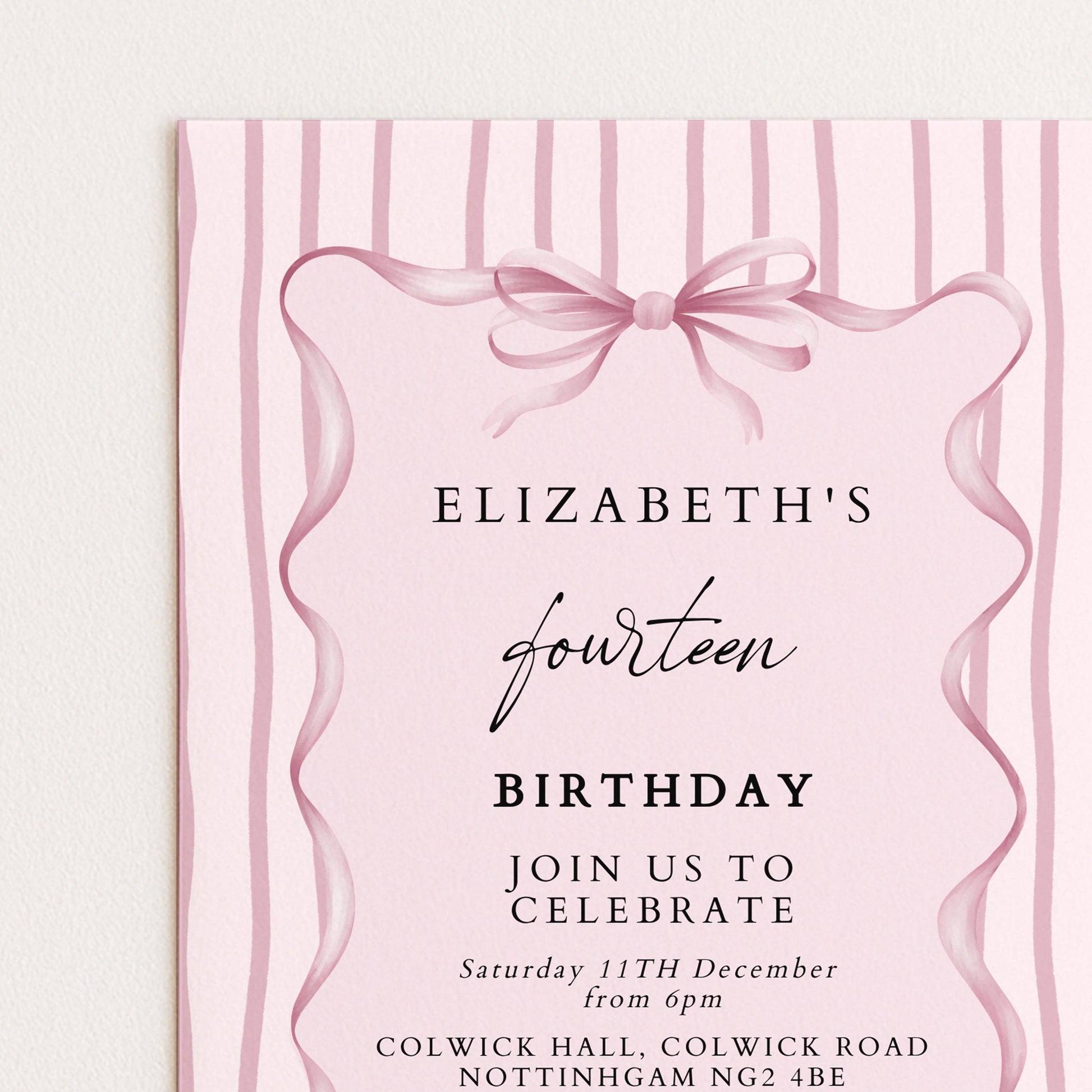Editable 14th Birthday Invitation, Pink Bow Birthday Invite, Elegant Fourteen Party Invitation, Editable Birthday Invite, Corjl