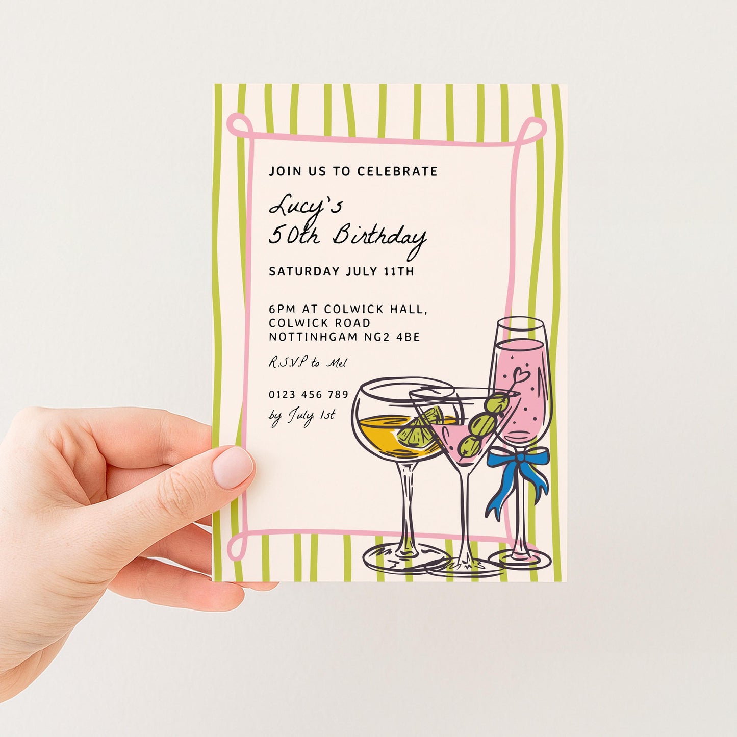 The image is a birthday invitation card for a 50th birthday celebration.