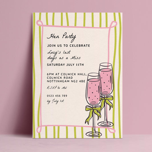 The image is a party invitation for a hen party, featuring a pink and green striped border and two champagne glasses with green ribbons.