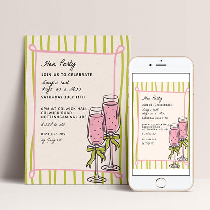 The image is a hen party invitation featuring a pink and green striped background with illustrations of champagne glasses and a pink ribbon. The invitation invites guests to a party to celebrate Lucy's last days as a Miss, with the event taking place on Saturday, July 11th at 6PM at Colwick Hall, located at Colwick Road, Nottingham NG4 4BE. The invitation also provides a phone number for further information and a website for more details.