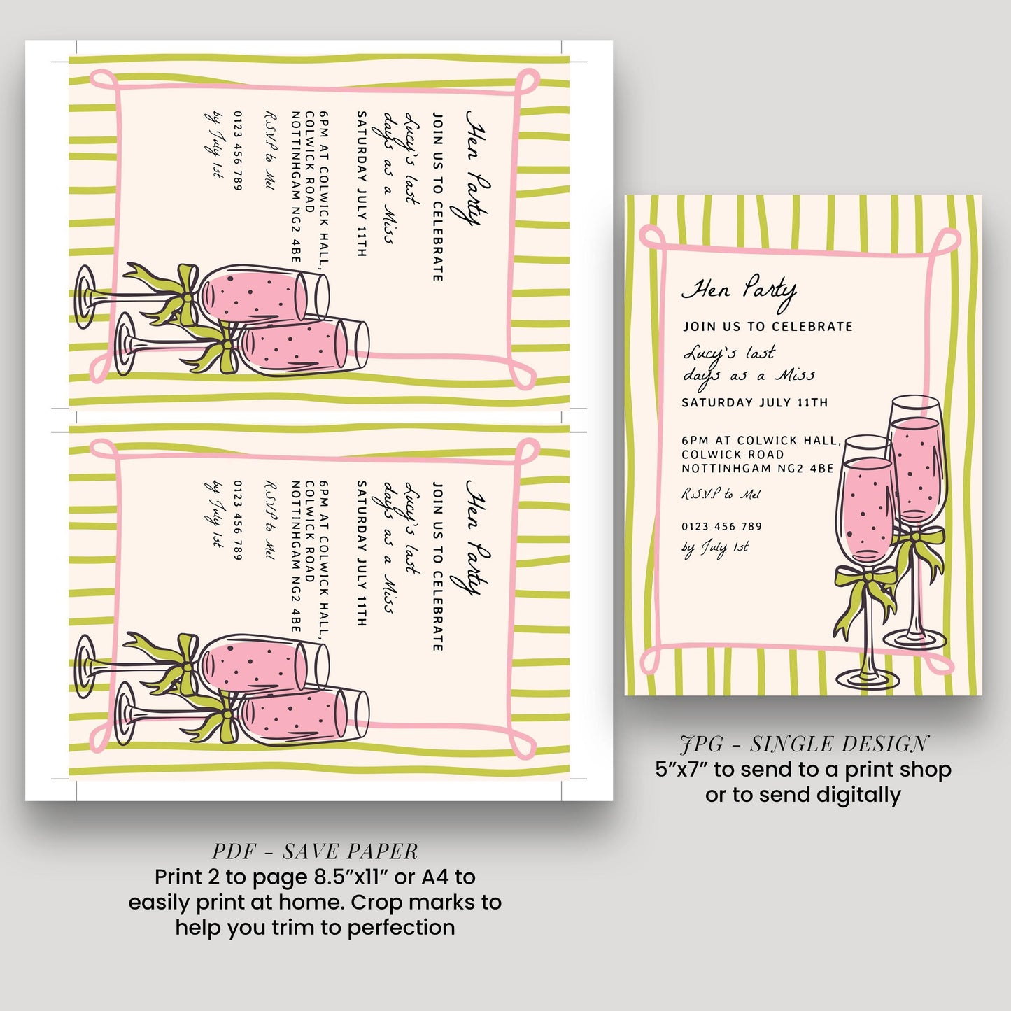 a set of invitation cards with a pink and yellow color scheme, featuring illustrations of champagne glasses and a ribbon. The cards are designed to be printed or sent, and the text provides details about the event, such as the date, time, location, and RSVP information.