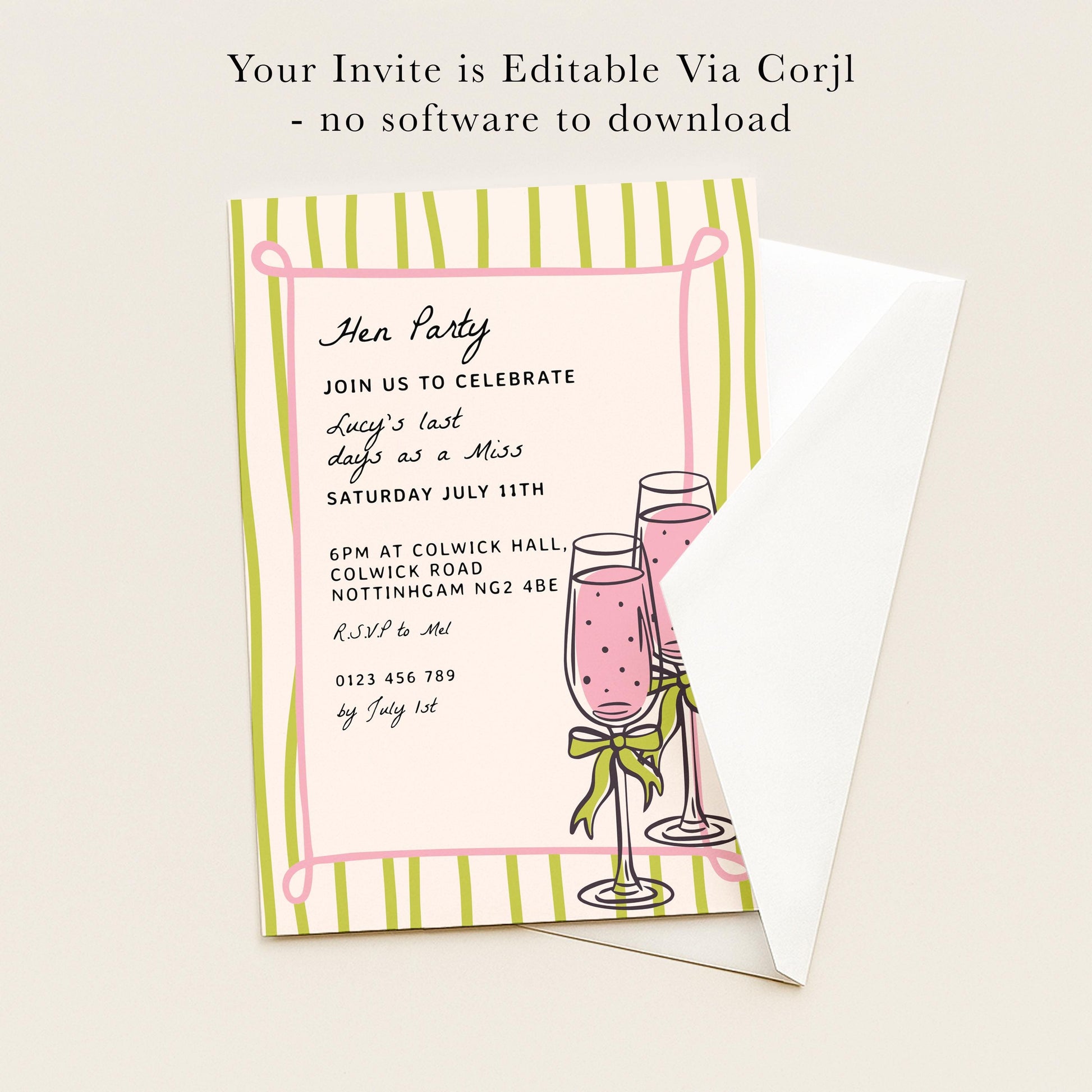 The image is a hen party invitation with a pink and green color scheme, featuring a wine glass illustration and text inviting guests to celebrate Lucy's last days as a Miss.