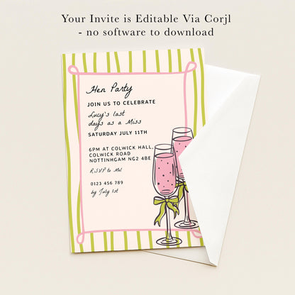 The image is a hen party invitation with a pink and green color scheme, featuring a wine glass illustration and text inviting guests to celebrate Lucy's last days as a Miss.