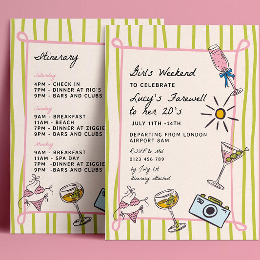 a colorful invitation for a girls' weekend event, featuring illustrations of wine glasses, a camera, and various other objects. The invitation provides details about the event, including the date, time, location, and other event information.