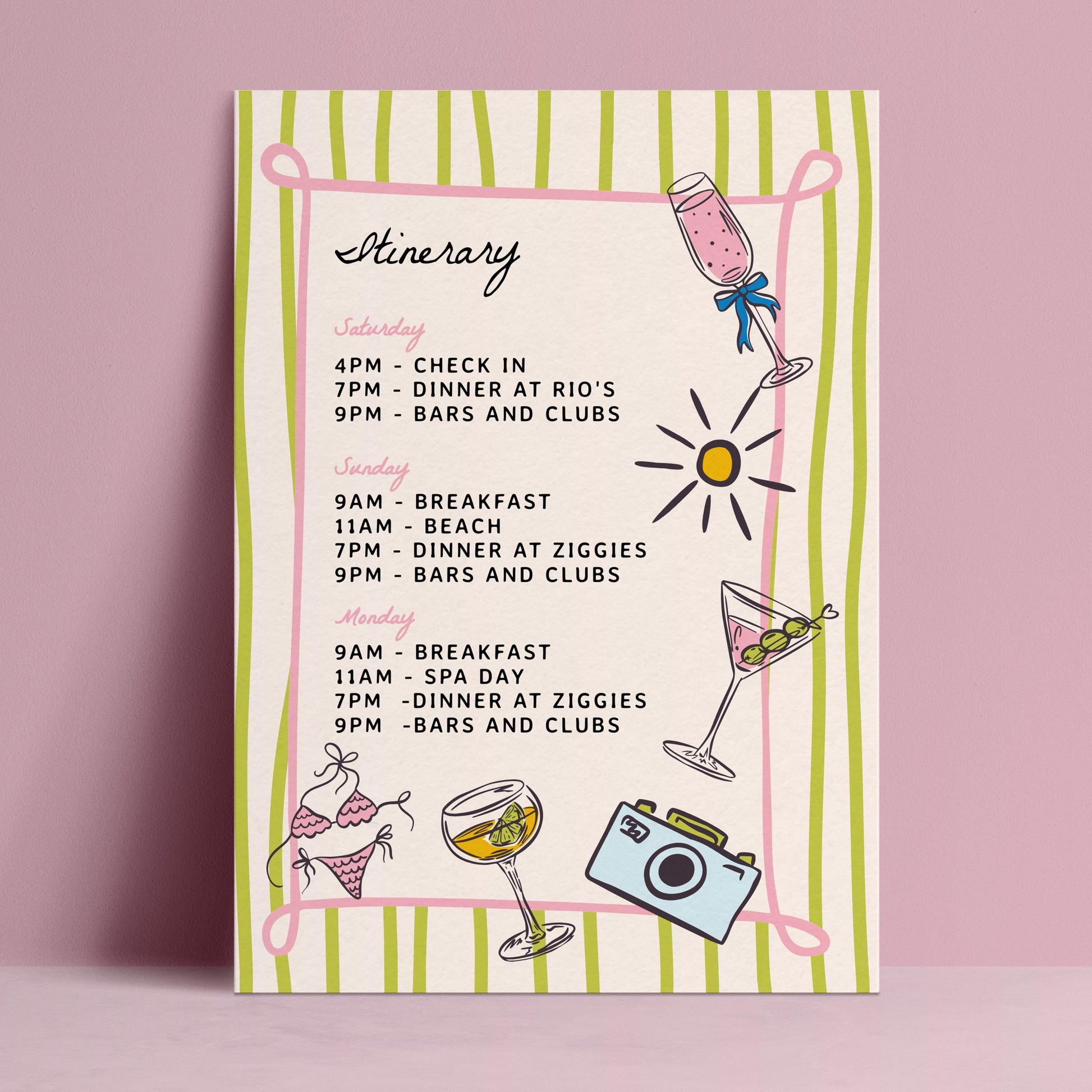 The image is a colorful and visually appealing schedule or itinerary for a trip, featuring various activities and events such as check-ins, meals, and excursions.