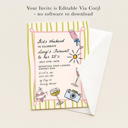 The image is a colorful invitation card for a girls' weekend to celebrate Lucy's farewell to her 20th birthday.