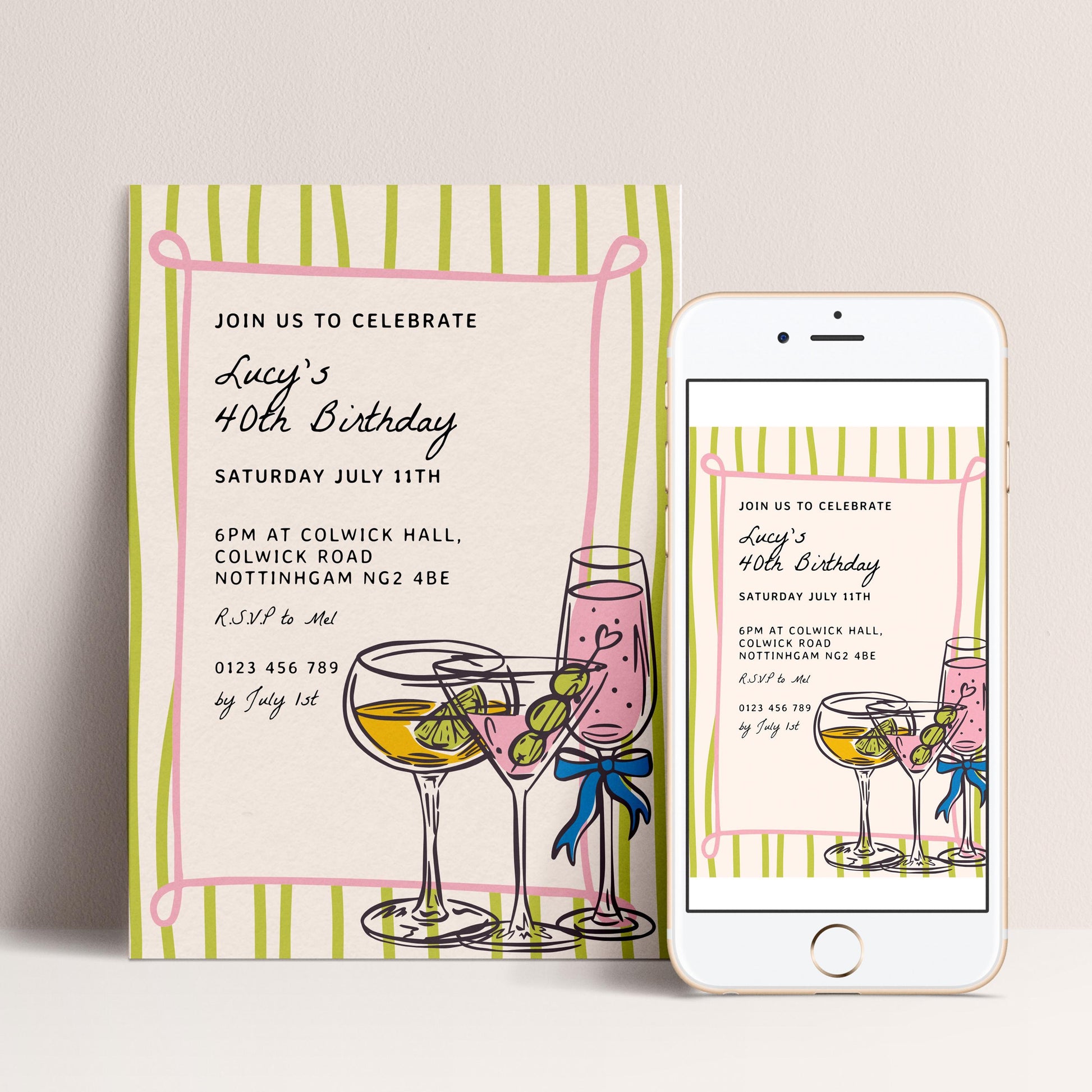The image is a birthday invitation for Lucy's 40th birthday celebration. It features a colorful design with illustrations of wine glasses and a pink ribbon. The invitation is for Saturday, July 11th at 6PM at Colwick Hall, located at NOTTINGGAM N28 4BE. The invitation also includes details about the event, such as the date, time, and location, as well as contact information for RSVP and additional details.