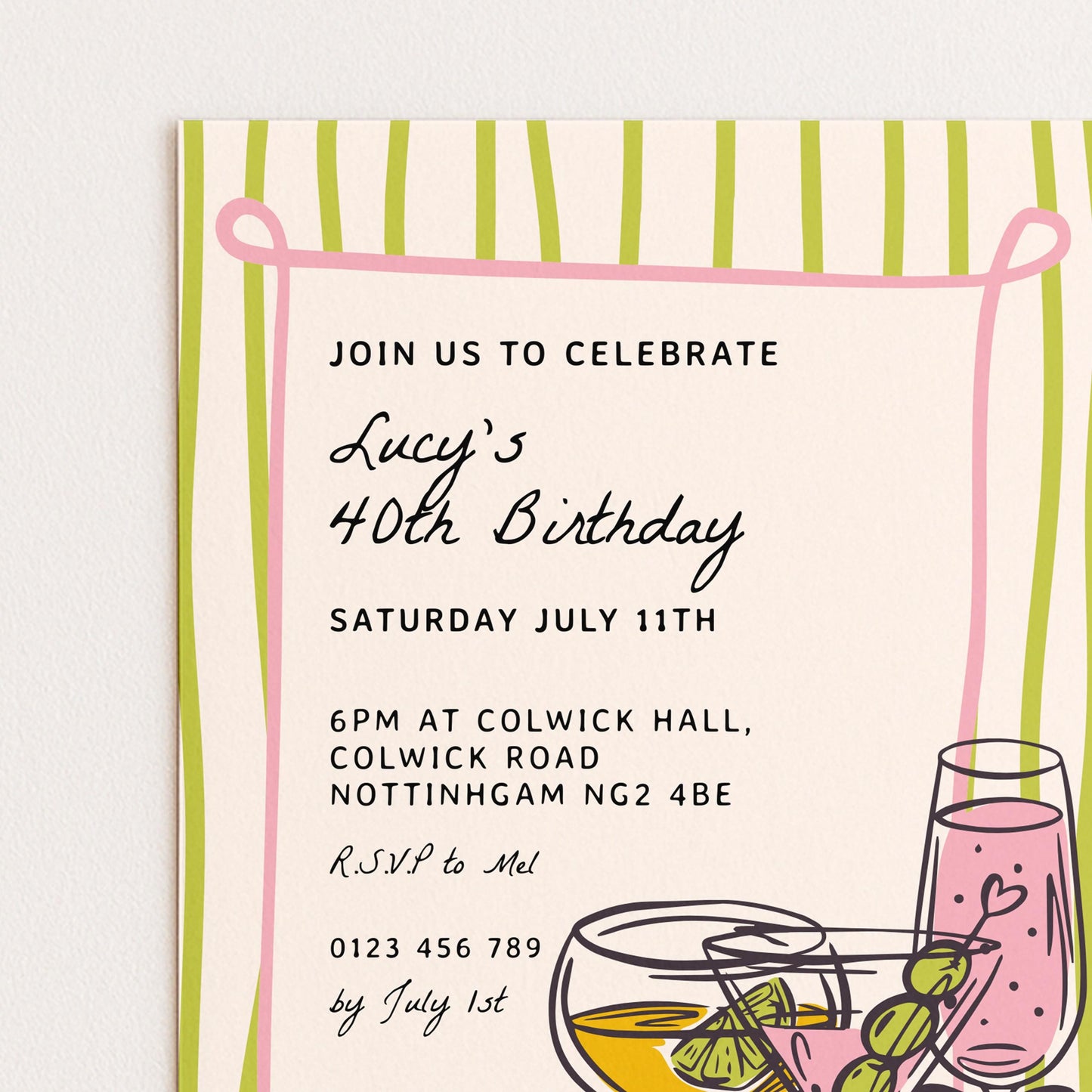 The image is a birthday invitation for Lucy's 40th birthday party.
