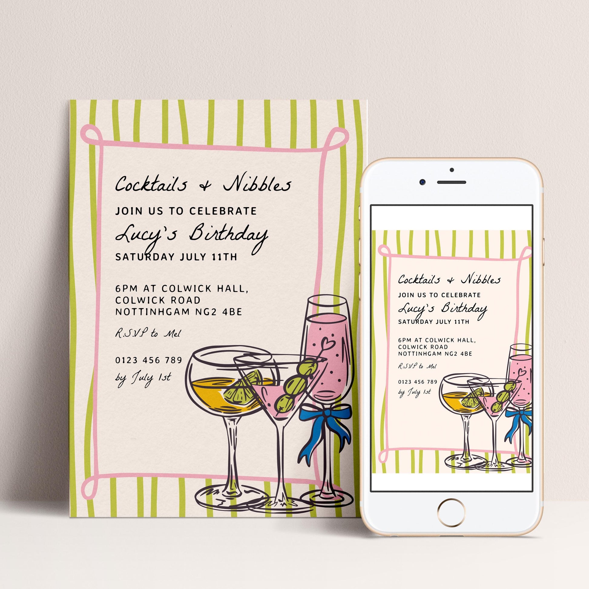 The image is a birthday invitation for Lucy's birthday party, featuring a colorful design with illustrations of cocktails and garnishes.