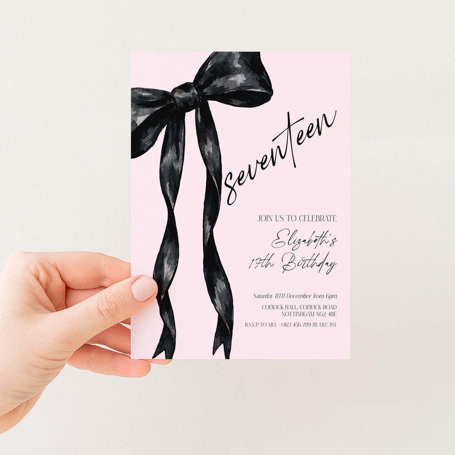 17th Birthday Invitation Template, Seventeen Birthday Party Invite, Black Bow Editable Corjl Invitation