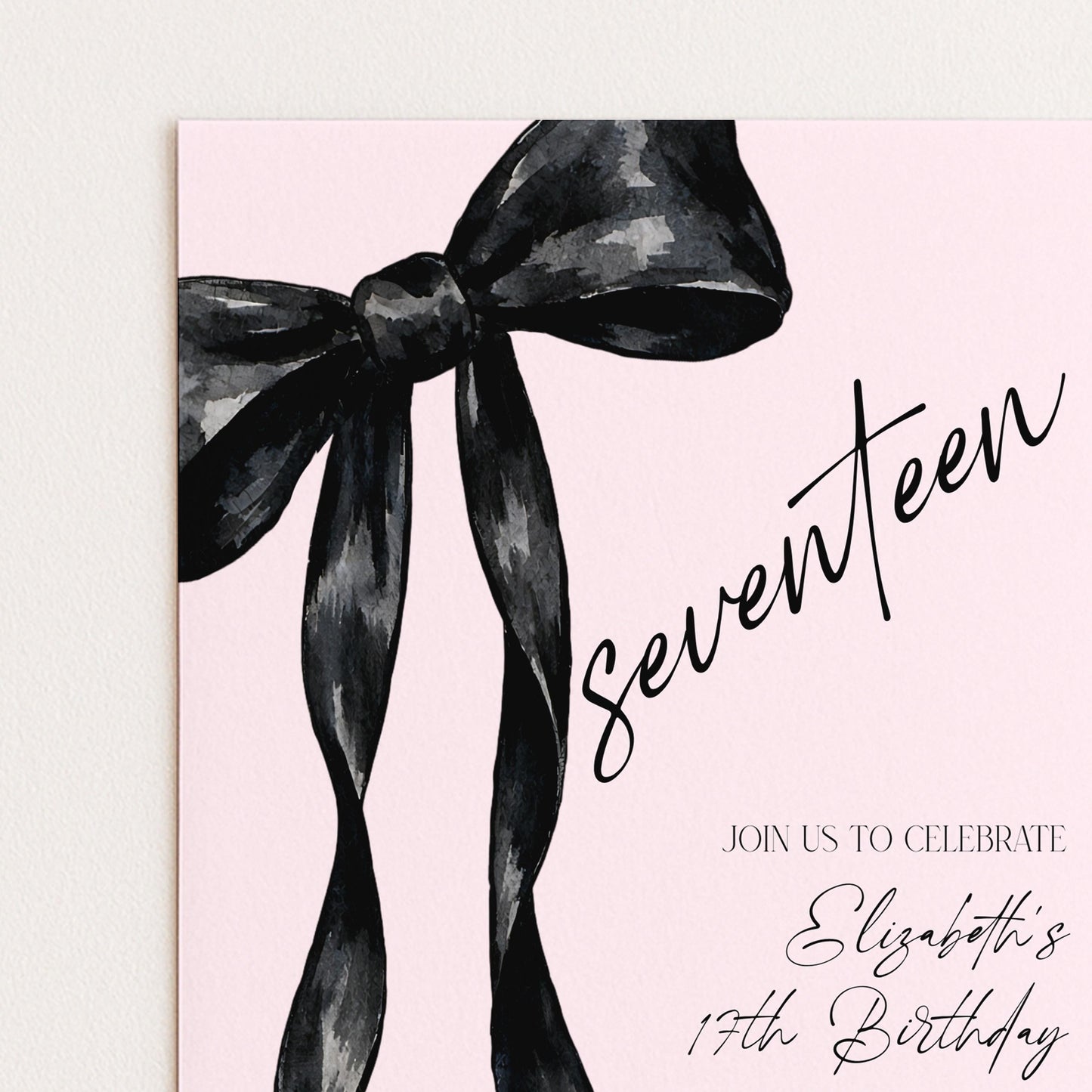 17th Birthday Invitation Template, Seventeen Birthday Party Invite, Black Bow Editable Corjl Invitation