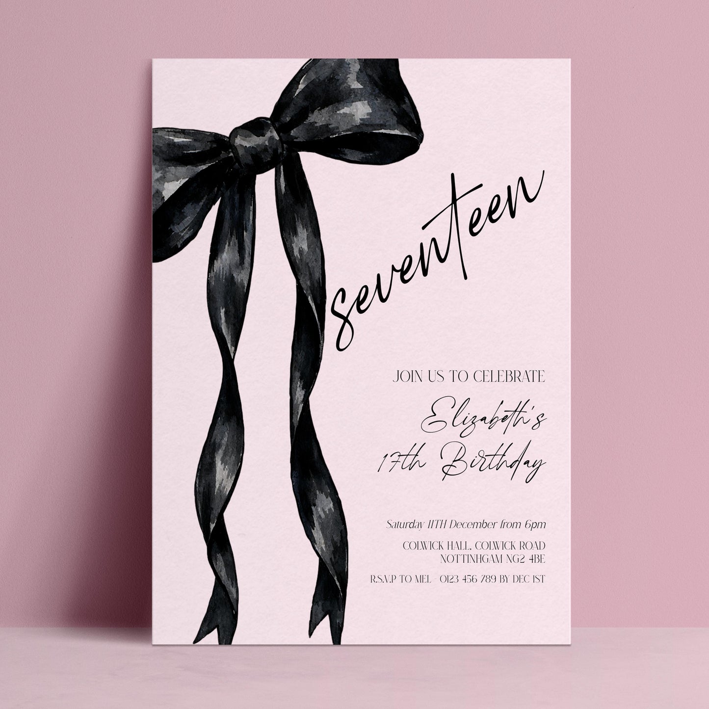 17th Birthday Invitation Template, Seventeen Birthday Party Invite, Black Bow Editable Corjl Invitation