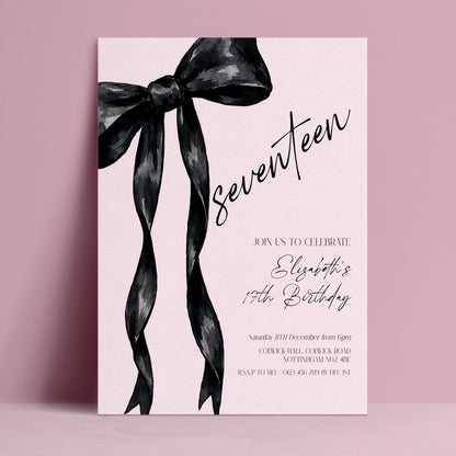 17th Birthday Invitation Template, Seventeen Birthday Party Invite, Black Bow Editable Corjl Invitation