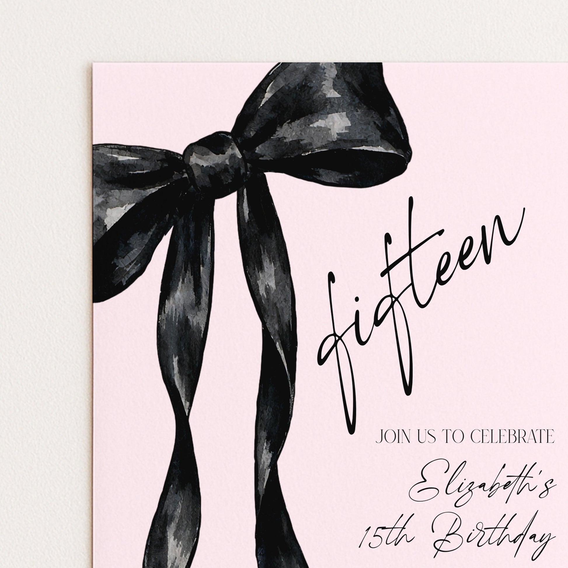 The image is a birthday invitation for Elizabeth's 15th birthday, featuring a large black bow on a pink background.
