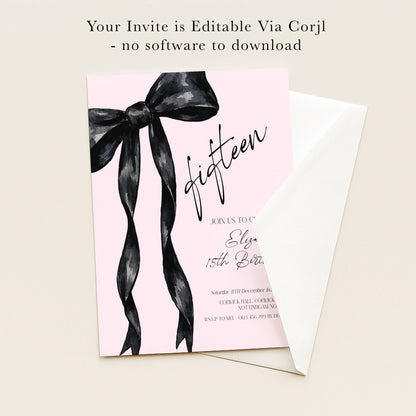 The image is a pink invitation card with a black ribbon design, inviting guests to a 15th birthday celebration.