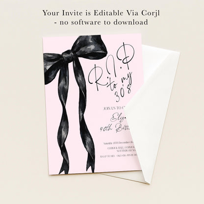 The image is a pink invitation card with a black ribbon design, inviting guests to a birthday party.