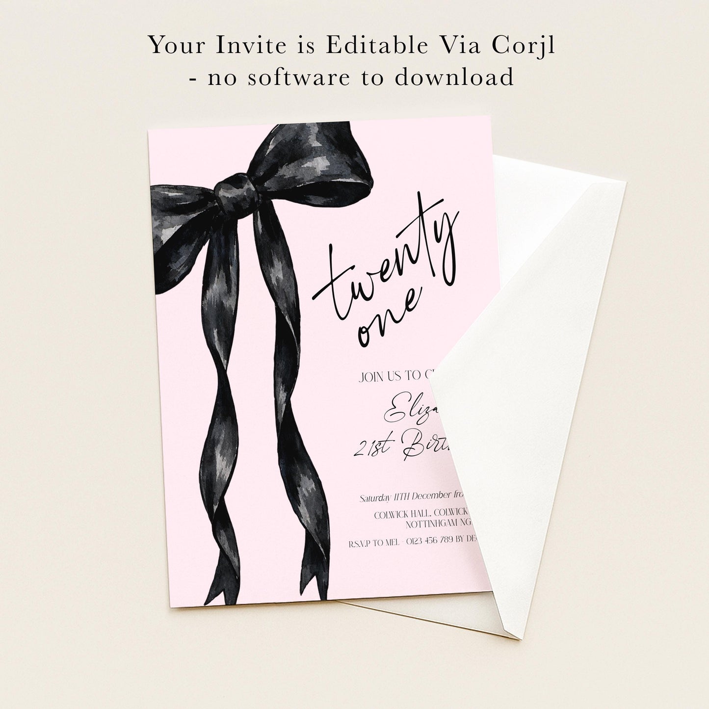 The image is a pink invitation card with a black bow on it, inviting guests to a birthday celebration.