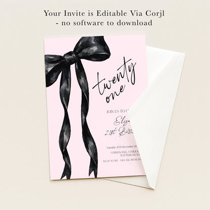 The image is a pink invitation card with a black bow on it, inviting guests to a birthday celebration.