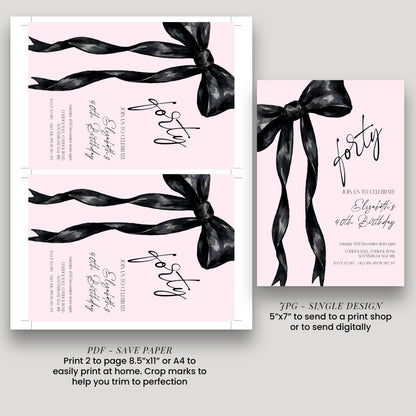a pink invitation card with a bow design, and it is a single design. The card is for a 40th birthday celebration, and it invites guests to join the celebration. The invitation card is printed on a save paper, and it is available in both print and digital formats.