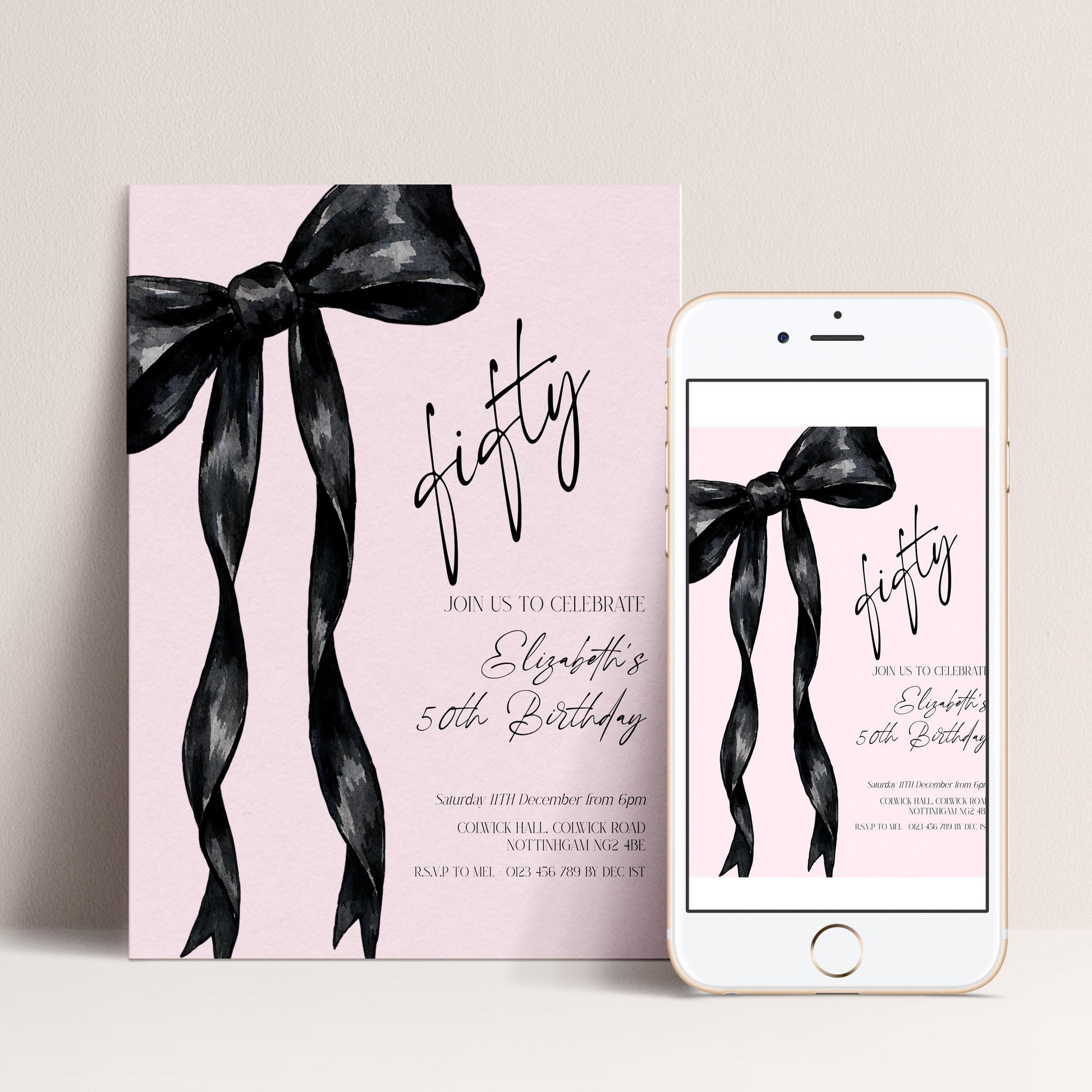 The image is a pink invitation card for a 50th birthday celebration, featuring a large black bow and text inviting guests to join the celebration.