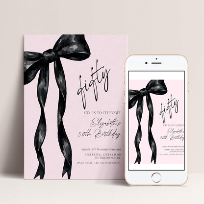 The image is a pink invitation card for a 50th birthday celebration, featuring a large black bow and text inviting guests to join the celebration.