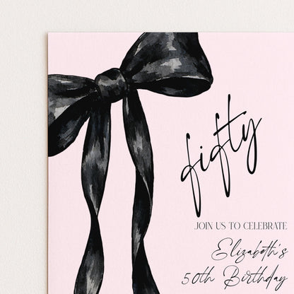 The image is a birthday invitation for Elizabeth's 50th birthday, featuring a large black bow on a pink background.