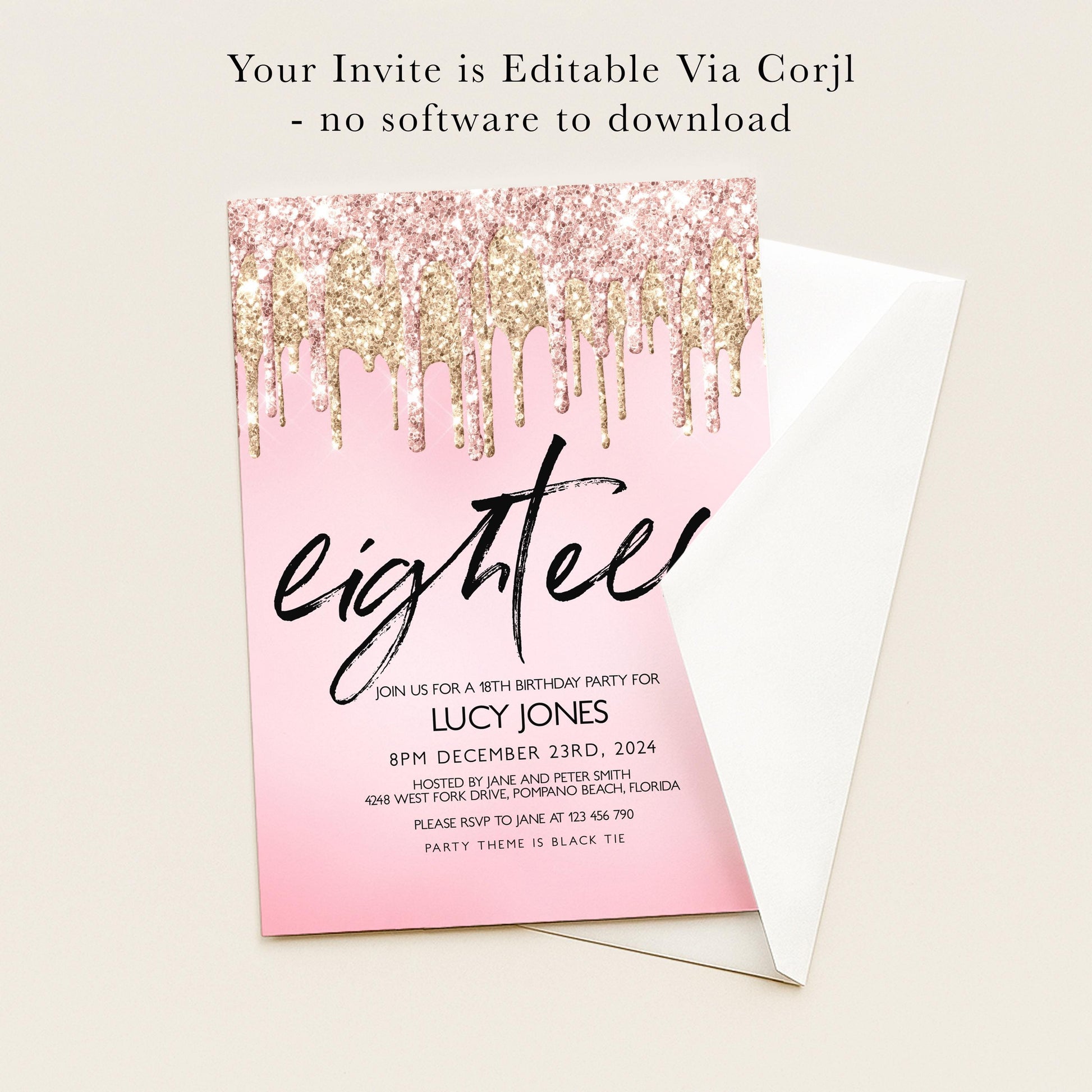 The image is a pink invitation card for a birthday party, featuring a glittery design and text inviting guests to a 18th birthday party for Lucy Jones.