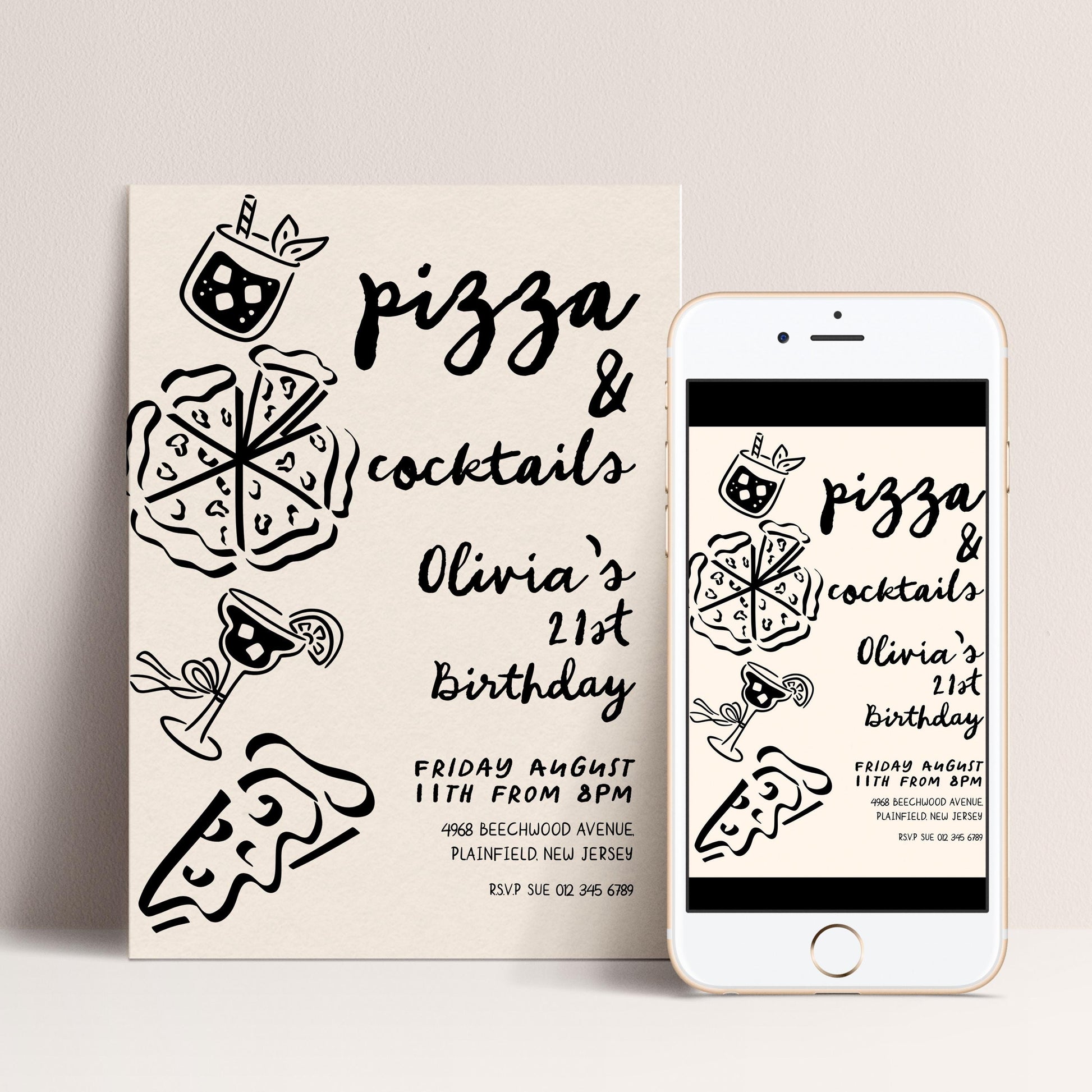 The image is a birthday invitation for a 21st birthday celebration. It features a white background with black text and illustrations of pizza and cocktails. The invitation includes details about the event, such as the date, time, location, and contact information.