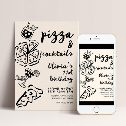 The image is a birthday invitation for a 21st birthday celebration. It features a white background with black text and illustrations of pizza and cocktails. The invitation includes details about the event, such as the date, time, location, and contact information.