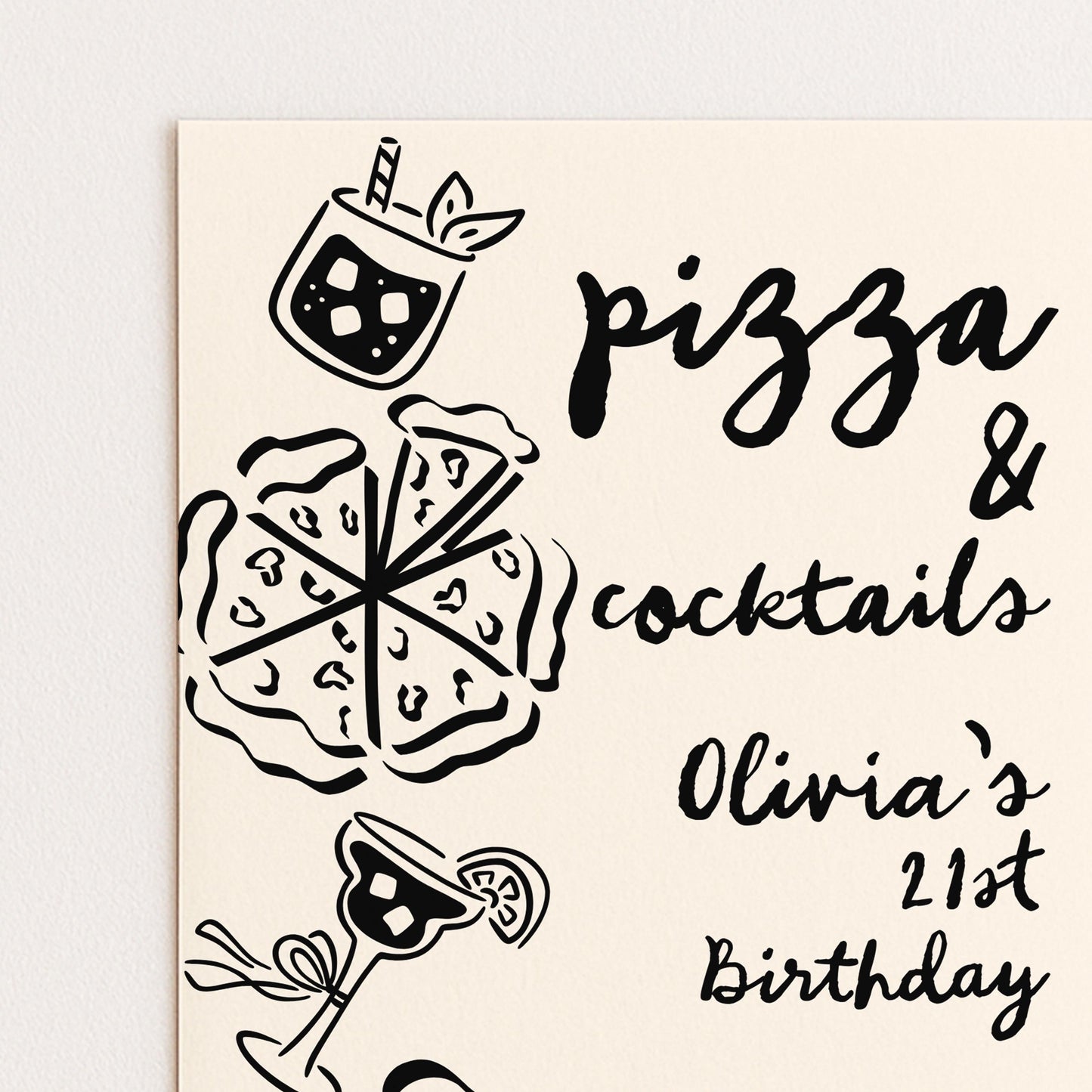 The image is a birthday invitation for a 21st birthday party, featuring illustrations of pizza and cocktails.