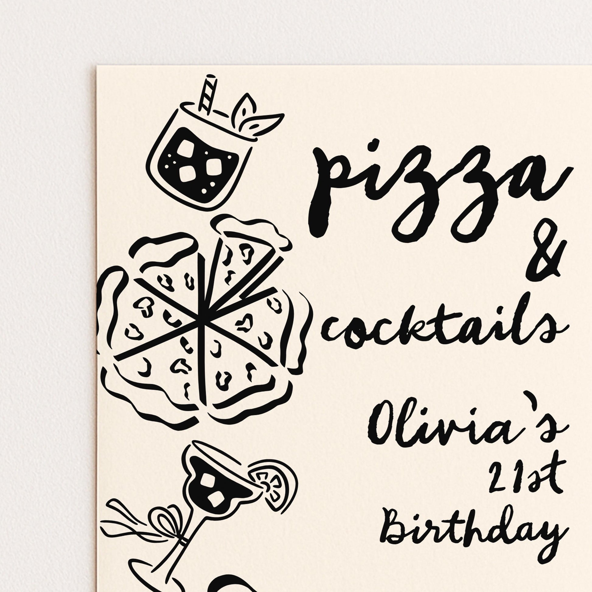 The image is a birthday invitation for a 21st birthday party, featuring illustrations of pizza and cocktails.