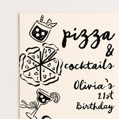 The image is a birthday invitation for a 21st birthday party, featuring illustrations of pizza and cocktails.