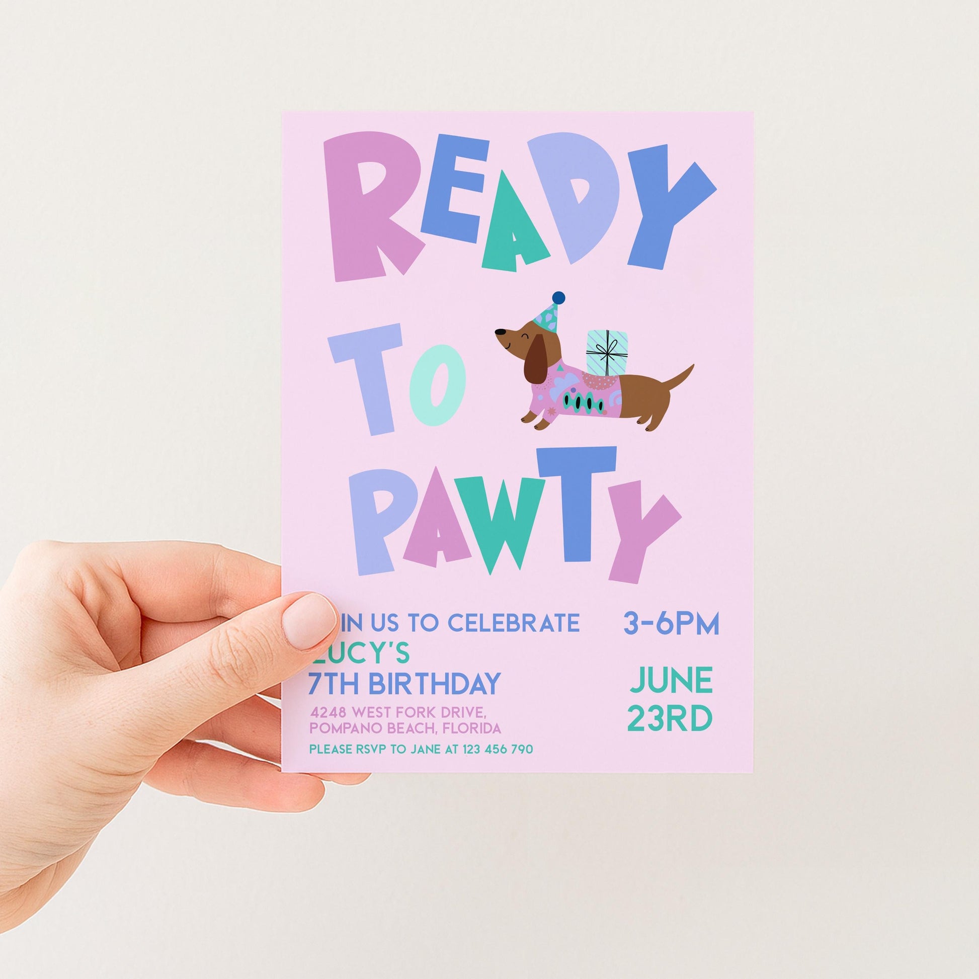 The image is a pink birthday party invitation for a 7th birthday celebration.