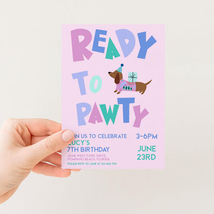 The image is a pink birthday party invitation for a 7th birthday celebration.