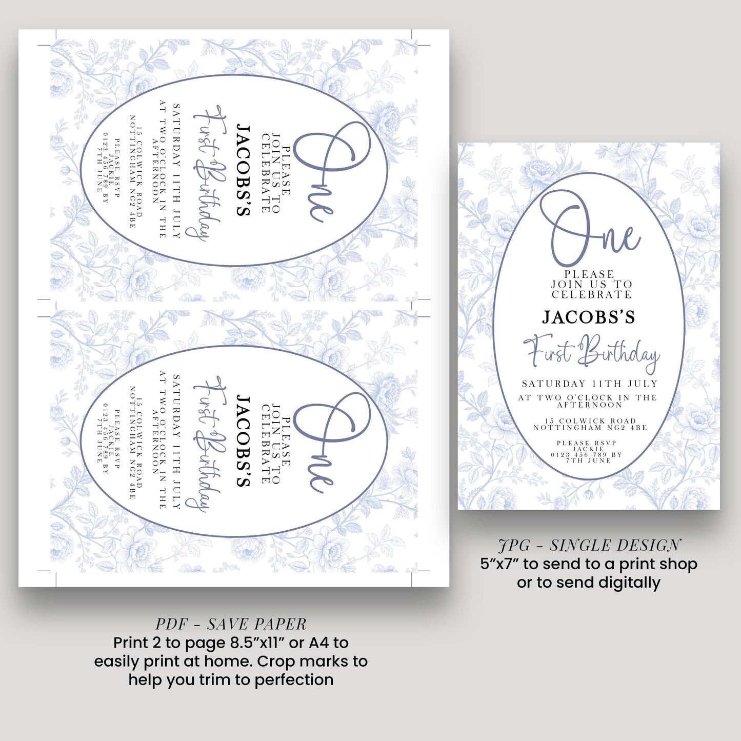 two identical invitations for a Jacob's First Birthday party. The invitations feature a floral design and are printed in a single design. The text invites guests to join the celebration and mentions that the party is scheduled for Saturday, July 15th, at the Ockham Road in the Northumberland Road, London NW3 8Q8. The invitations also provide instructions for sending a print to a print shop or digitally.