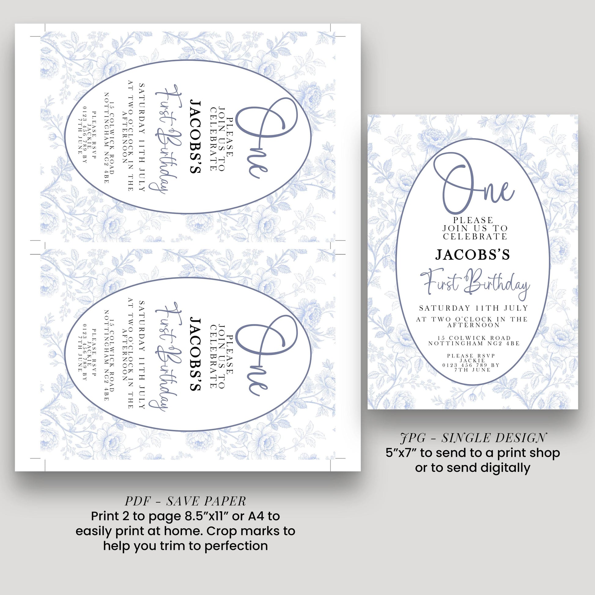 two identical invitations for a Jacob's First Birthday party. The invitations feature a floral design and are printed in a single design. The text invites guests to join the celebration and mentions that the party is scheduled for Saturday, July 15th, at the Ockham Road in the Northumberland Road, London NW3 8Q8. The invitations also provide instructions for sending a print to a print shop or digitally.