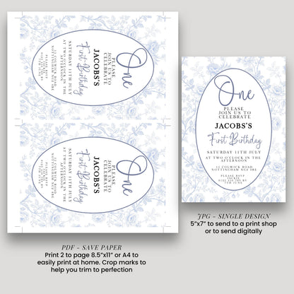 two identical invitations for a Jacob's First Birthday party. The invitations feature a floral design and are printed in a single design. The text invites guests to join the celebration and mentions that the party is scheduled for Saturday, July 15th, at the Ockham Road in the Northumberland Road, London NW3 8Q8. The invitations also provide instructions for sending a print to a print shop or digitally.
