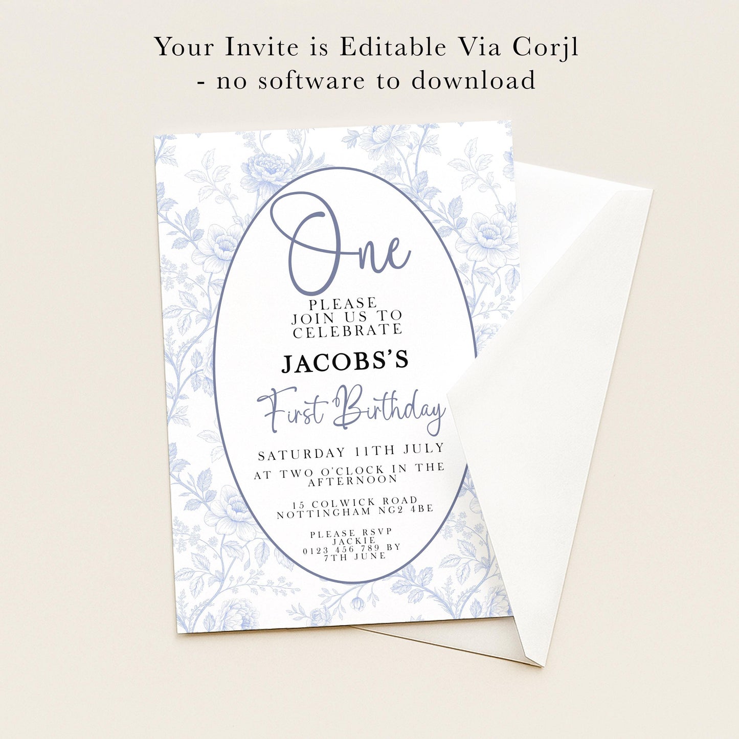 The image is a birthday invitation for Jacob's first birthday. It is a simple, elegant invitation with a floral pattern and a white envelope.