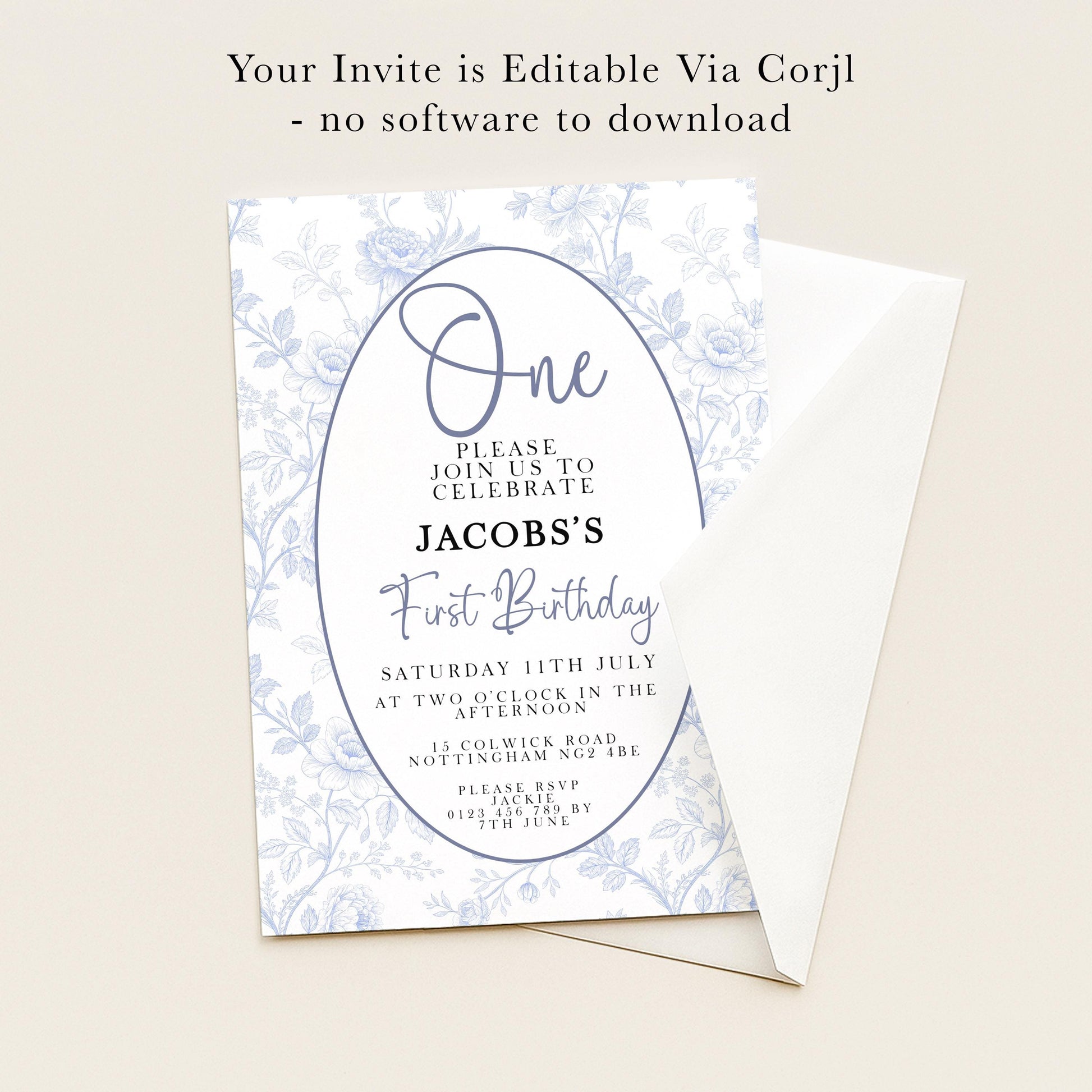 The image is a birthday invitation for Jacob's first birthday. It is a simple, elegant invitation with a floral pattern and a white envelope.