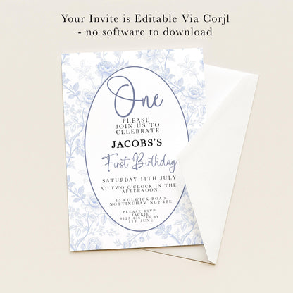 The image is a birthday invitation for Jacob's first birthday. It is a simple, elegant invitation with a floral pattern and a white envelope.