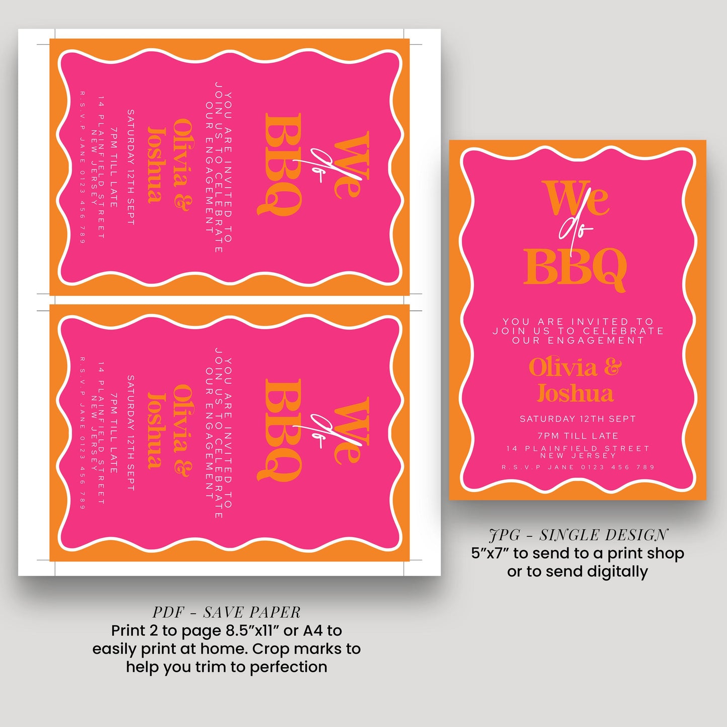 a pink invitation card with the text "We do BBQ" and a list of details about an event. The card is designed for a print shop, and it includes instructions for printing 2 pages, either 8.5"x11" or 4"x8" to trim to perfection. The card also mentions that it is a single design and can be printed to send to a print shop or sent digitally.
