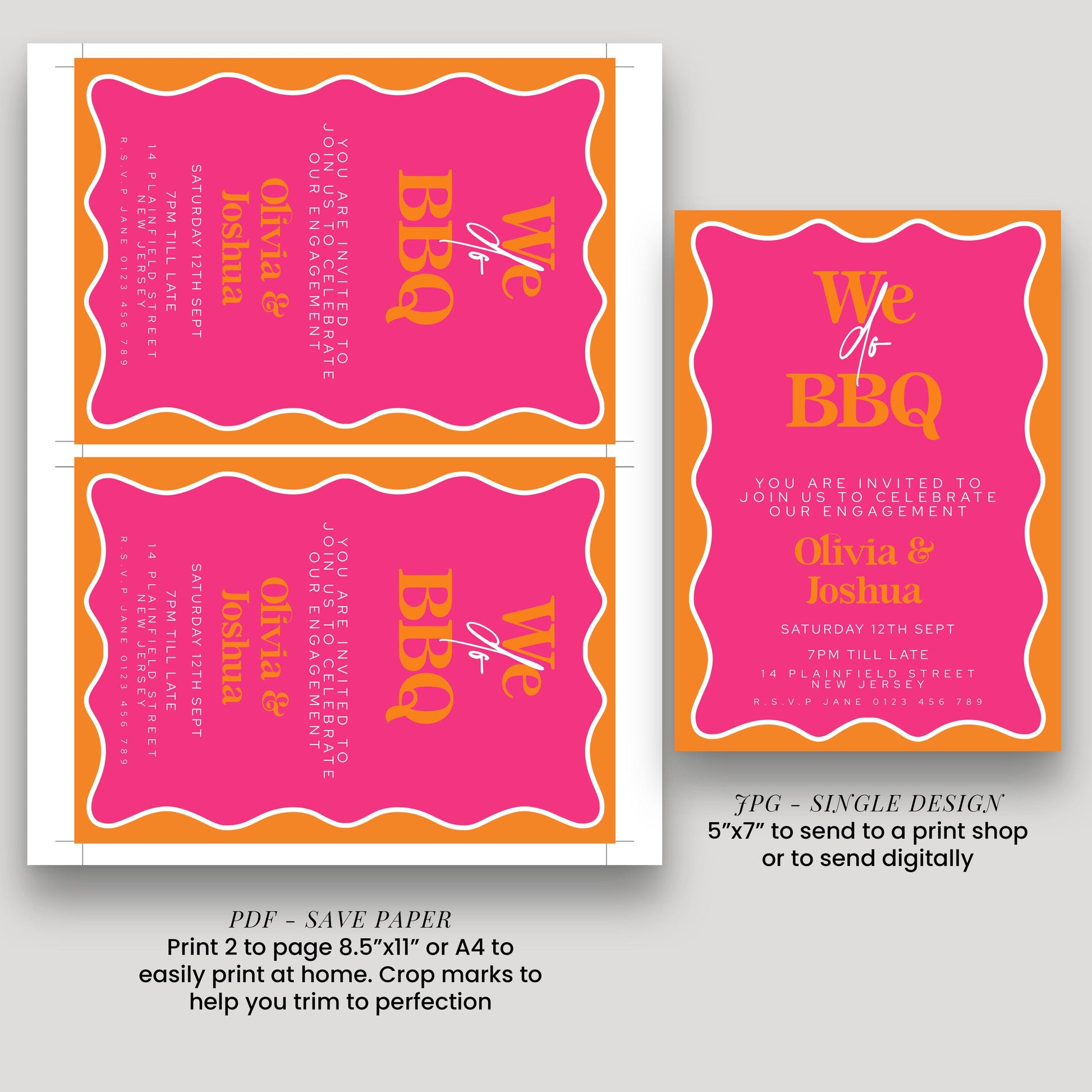 a pink invitation card with the text "We do BBQ" and a list of details about an event. The card is designed for a print shop, and it includes instructions for printing 2 pages, either 8.5"x11" or 4"x8" to trim to perfection. The card also mentions that it is a single design and can be printed to send to a print shop or sent digitally.