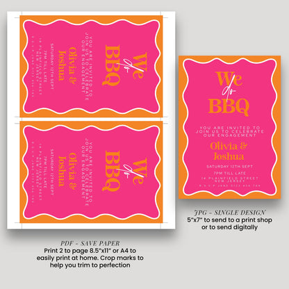 a pink invitation card with the text "We do BBQ" and a list of details about an event. The card is designed for a print shop, and it includes instructions for printing 2 pages, either 8.5"x11" or 4"x8" to trim to perfection. The card also mentions that it is a single design and can be printed to send to a print shop or sent digitally.