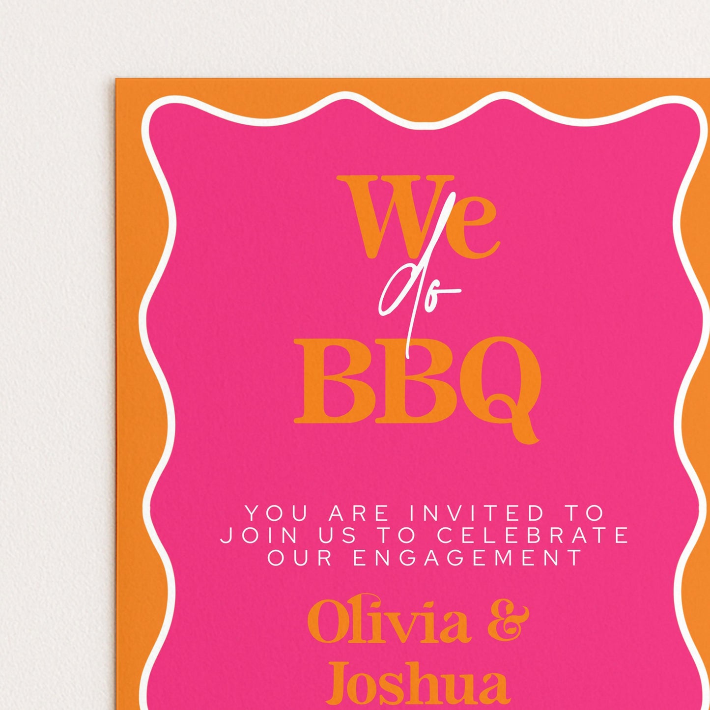 The image is a pink invitation card with the text "We do BBQ" and "You are invited to join us to celebrate our engagement" printed on it.