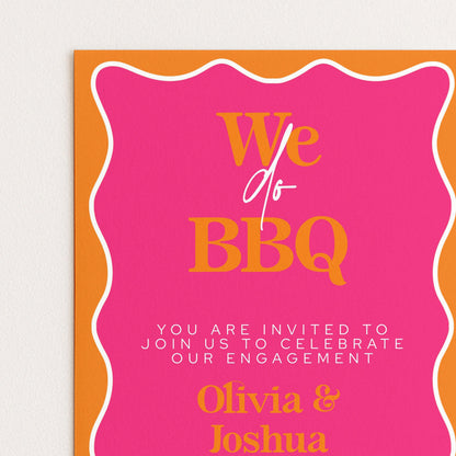 The image is a pink invitation card with the text "We do BBQ" and "You are invited to join us to celebrate our engagement" printed on it.